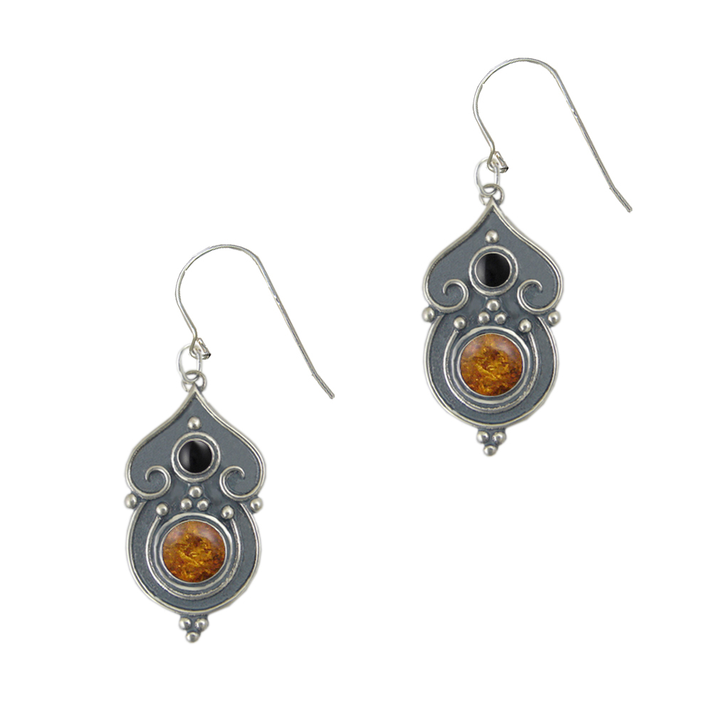 Sterling Silver Gothic Inspired Drop Dangle Earrings With Amber And Black Onyx